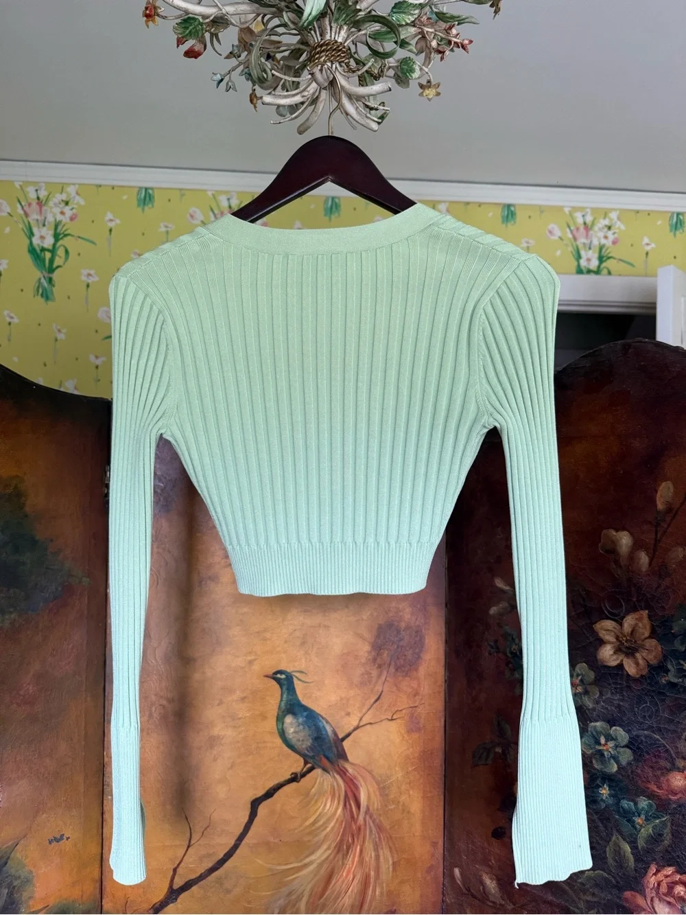 Jonathan Simkhai light Green Ribbed V-Neck Cropped Cardigan Sweater